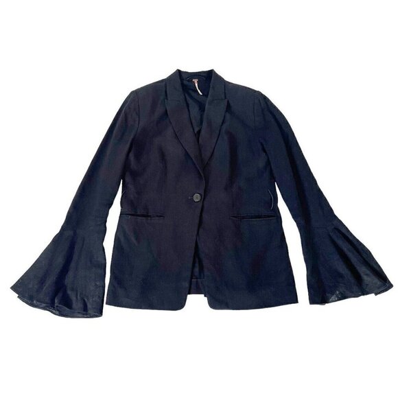 Free People Women's Sz S Black Linen Blend Bell Flared Sleeve Blazer Jacket - Picture 11 of 11